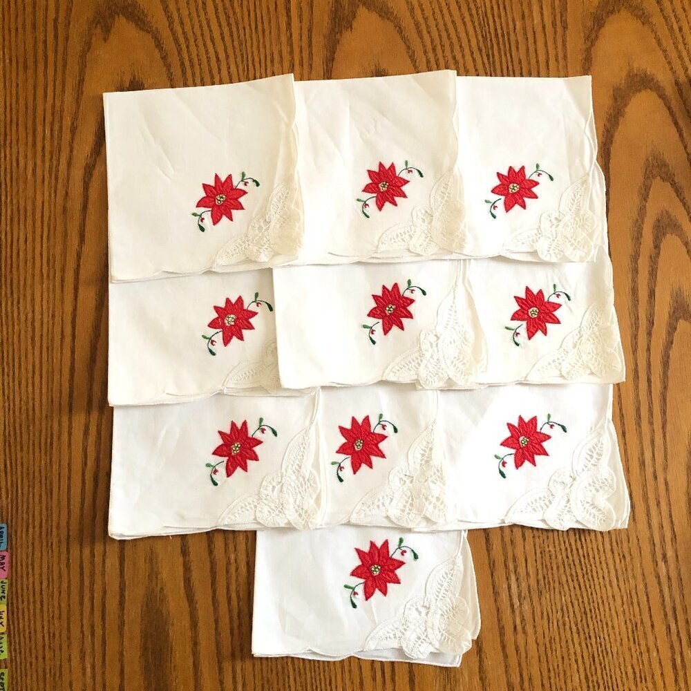 Christmas White Napkins With Red Poinsettia Embroidery Set of 10